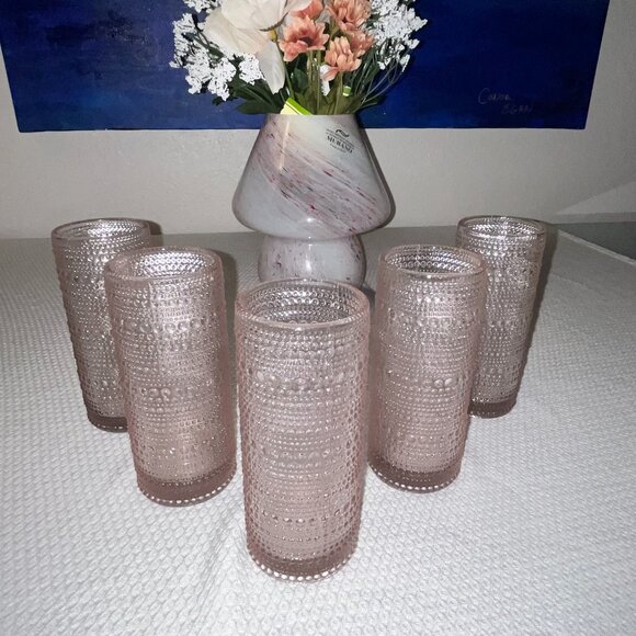 NWOT BKLYN Steel C Dotted Light Pink Tall Glass Cups Set of 5 - Picture 1 of 6